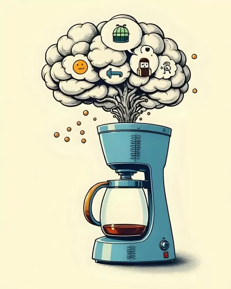 immagine che rappresenta una caffettiera ed un cervello astratto, metafora dell'ergonomia cognitiva
